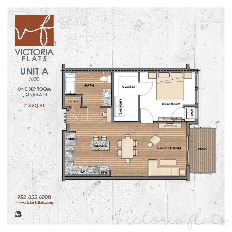 Floor plan for 1 bed, 1 bath, 718 sqft